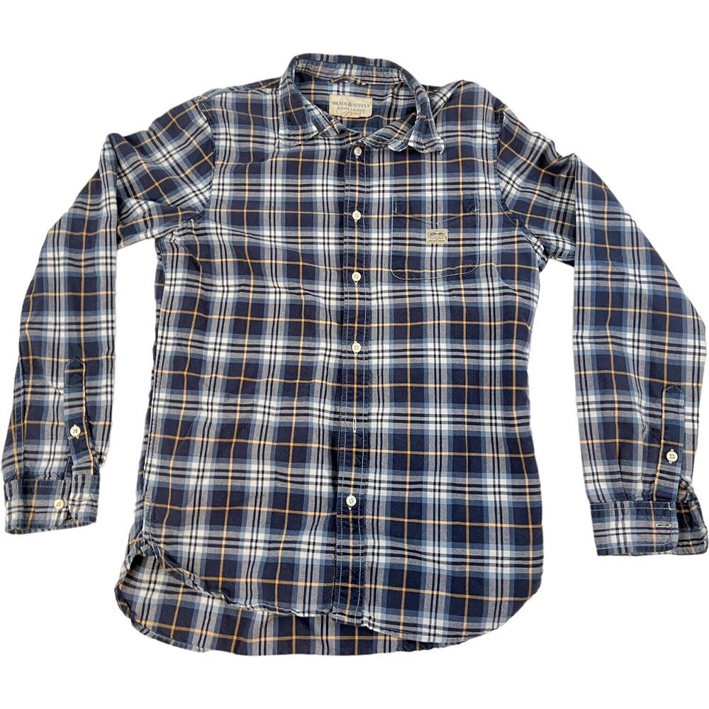 Ralph Lauren Denim & Supply Men's Medium Blue Plaid Knit Button Shirt Pockets
